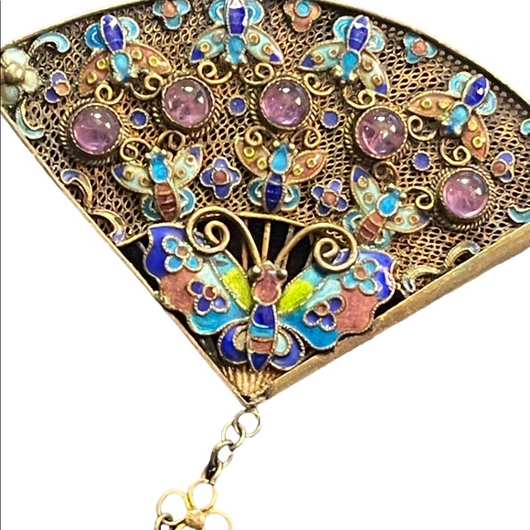 Antique silver sterling 925 China filagree enameled butterfly amethyst brooch - Picture 5 of 12